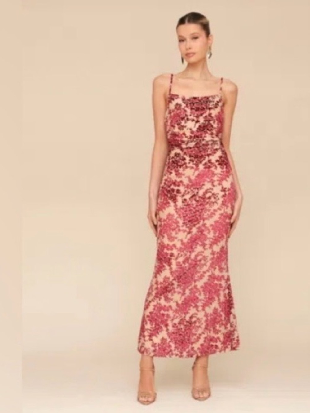 Avec Les Filles Women's Burgundy Floral Burnout Pattern Velvet Maxi Dress Size S